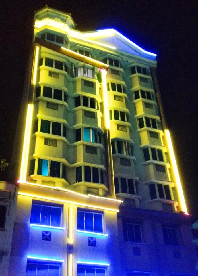 夜间芽笼 15 巷一栋以荧光灯管点亮的建筑